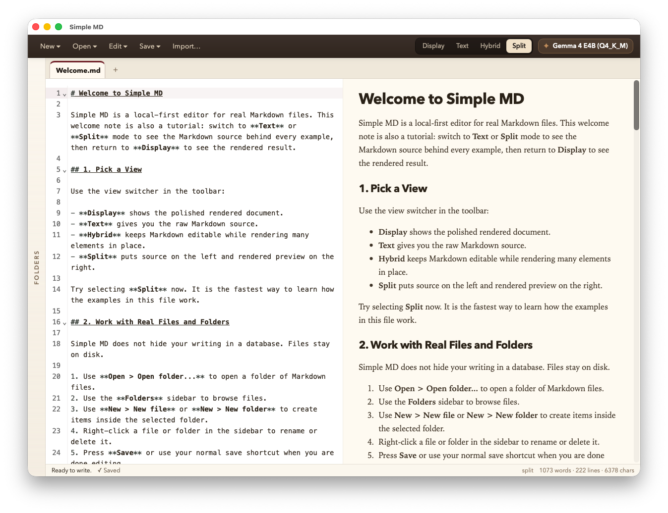 Split mode showing raw Markdown source on the left and the rendered preview on the right