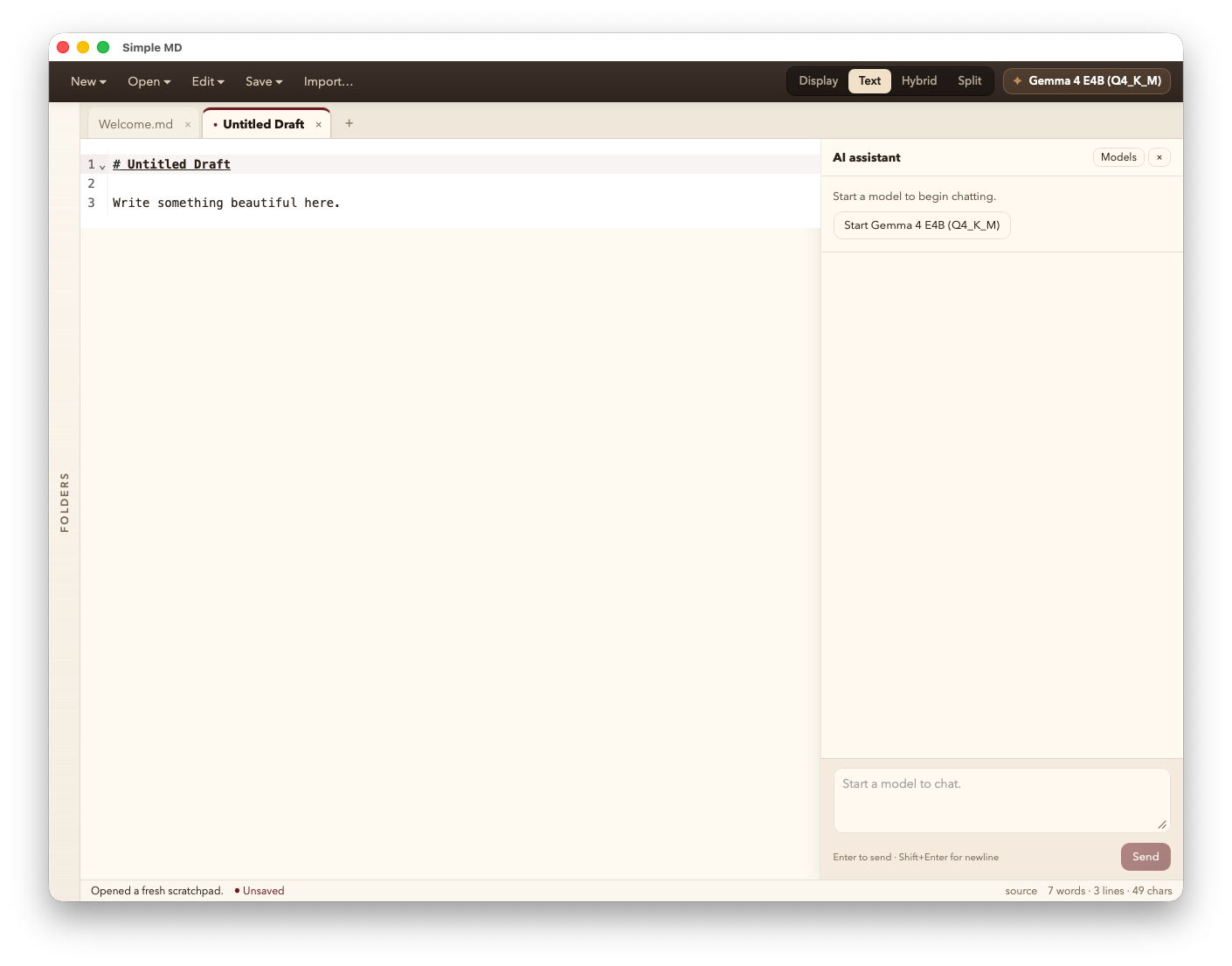 Simple MD with the on-device AI assistant panel docked on the right next to a Markdown scratchpad