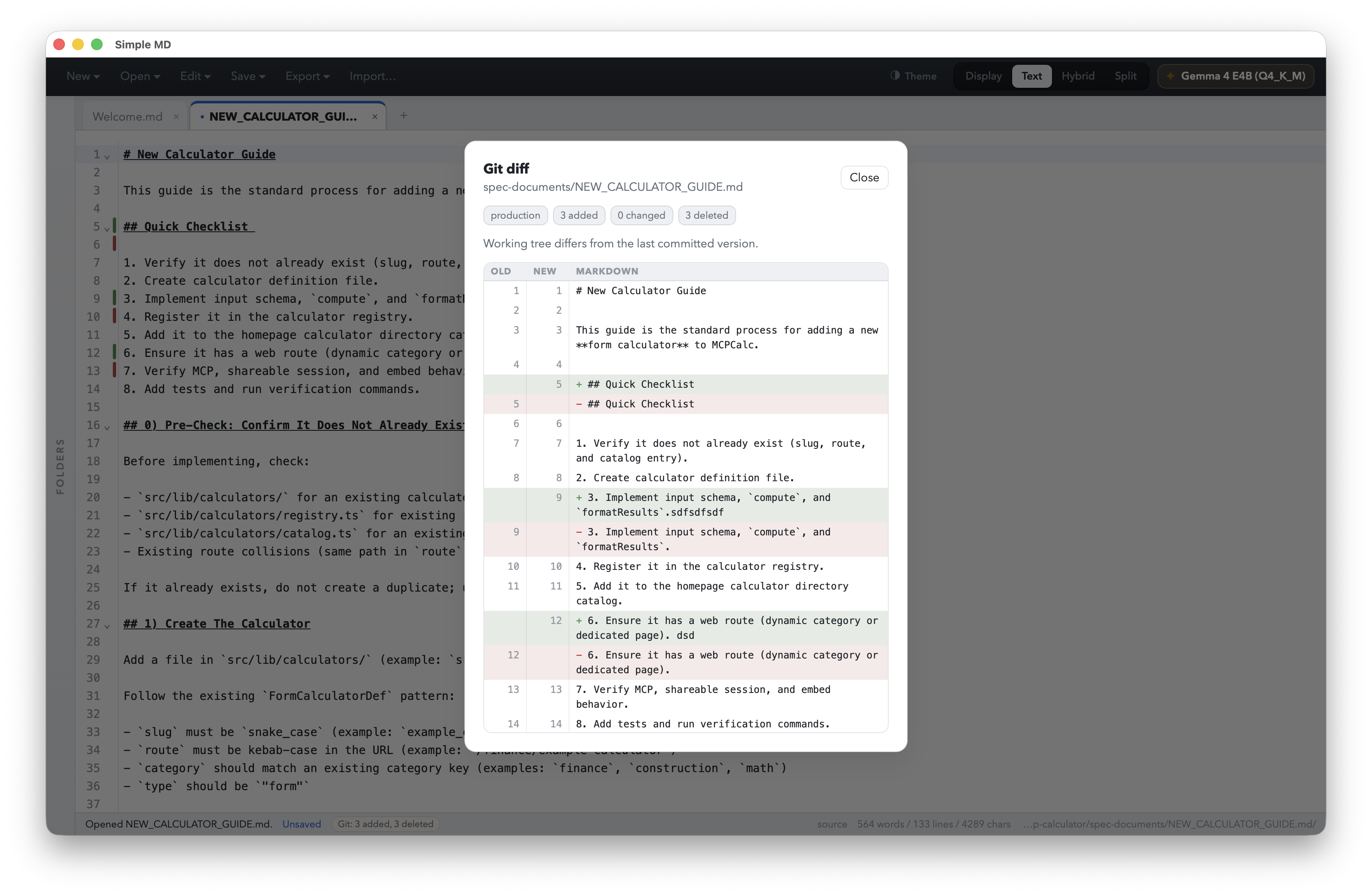Simple MD showing an in-app Git diff modal with added and deleted Markdown lines highlighted side by side
