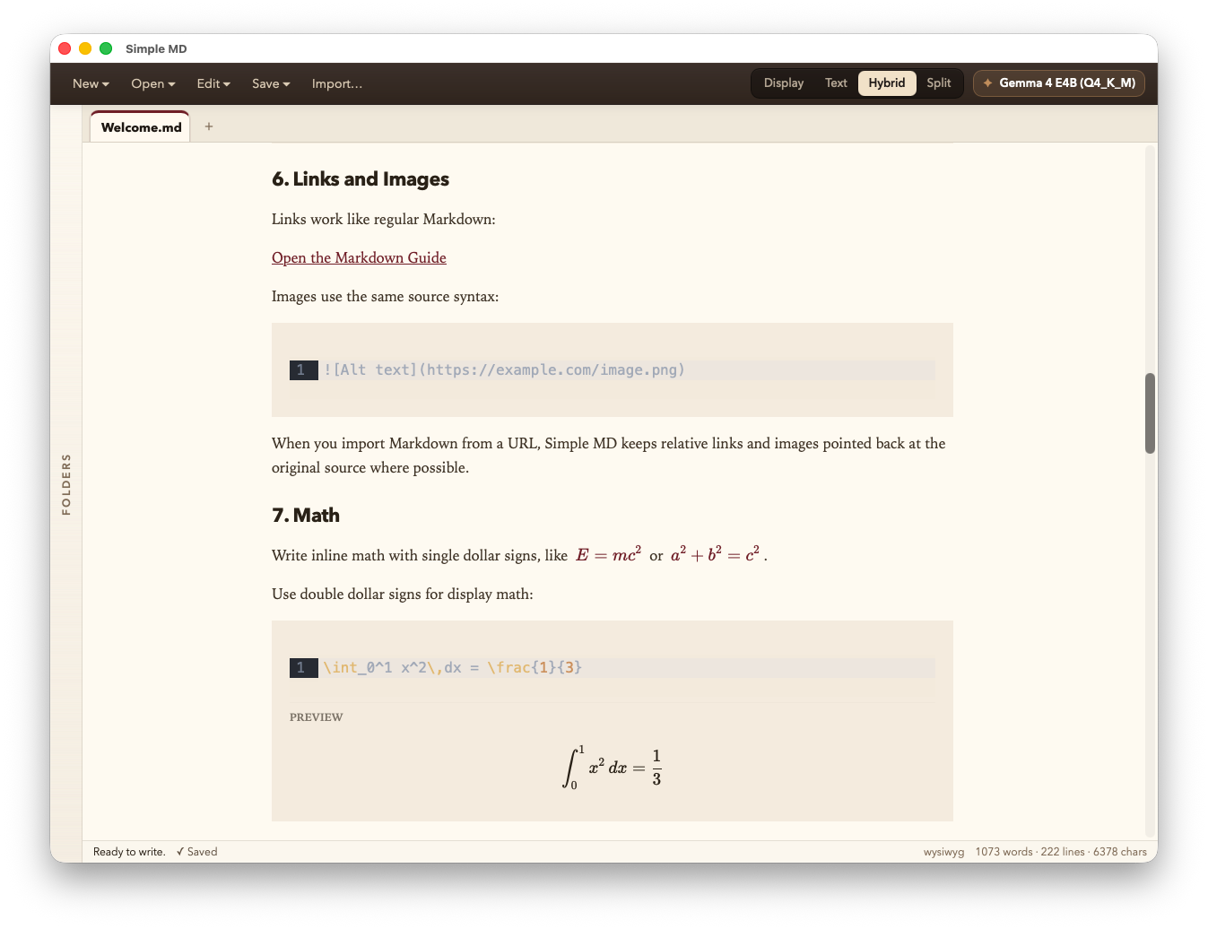 Hybrid mode with rich text rendered in place while Markdown remains the source
