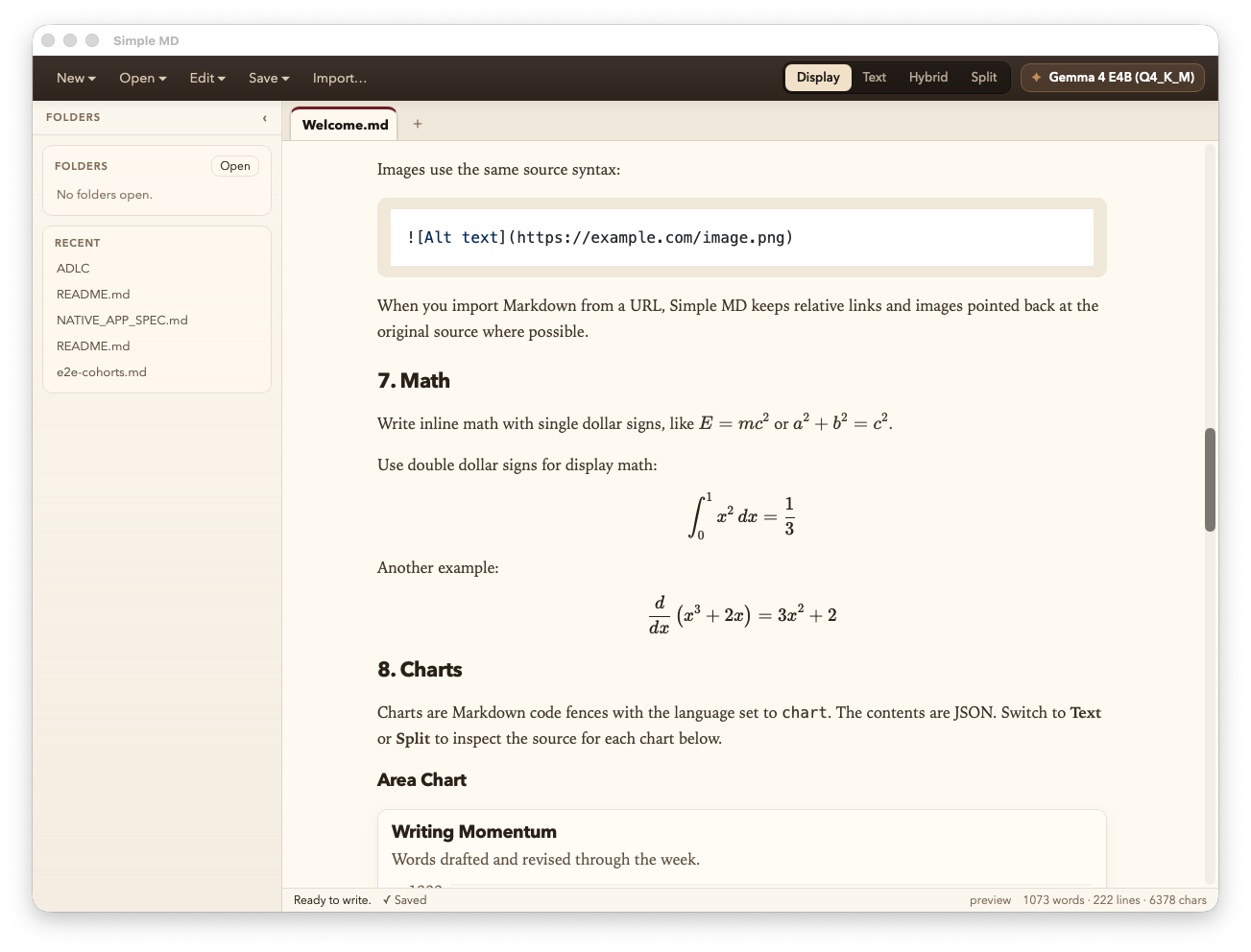 Simple MD with the workspace sidebar open and a Markdown document rendered with tables, code blocks, and a sidebar tree