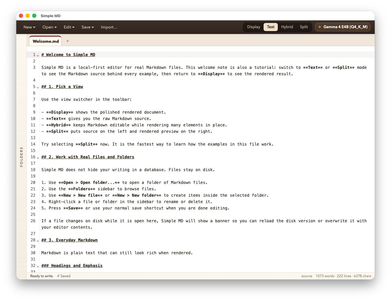 Text mode showing raw Markdown source in the CodeMirror 6 editor with line numbers
