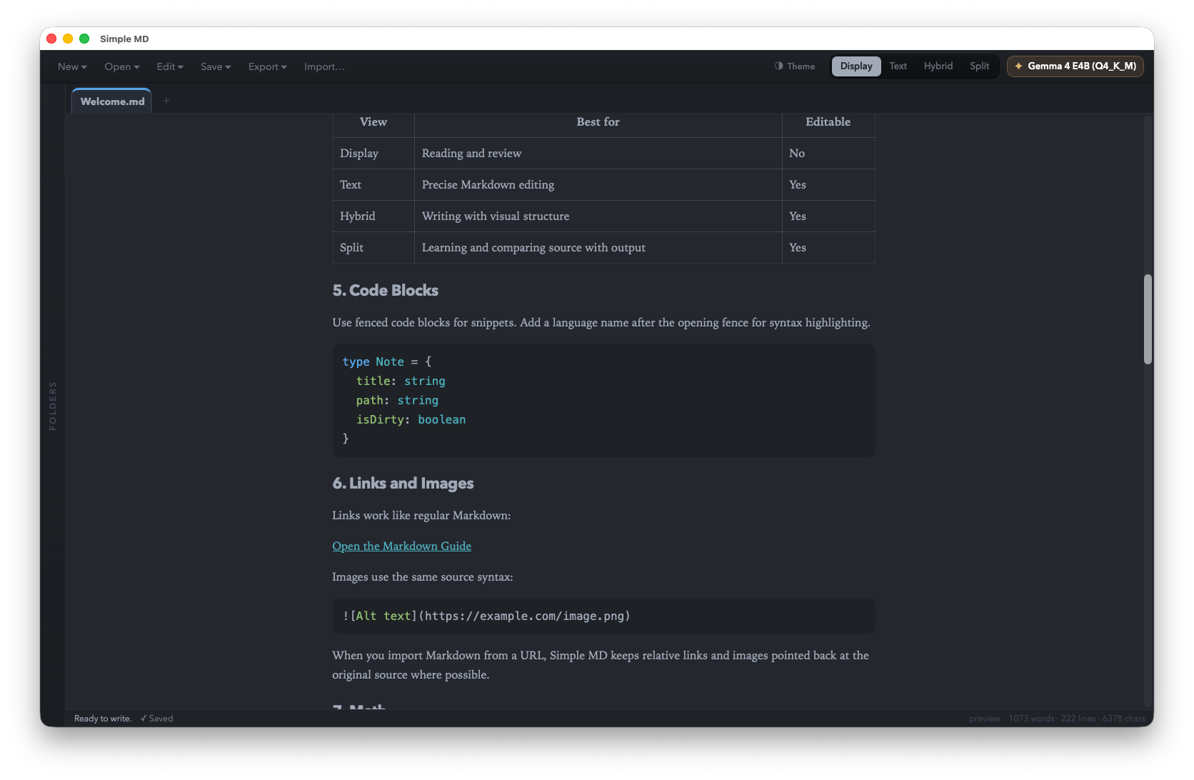 Simple MD in its dark theme — a deep slate background with light text and syntax-highlighted code in Display mode