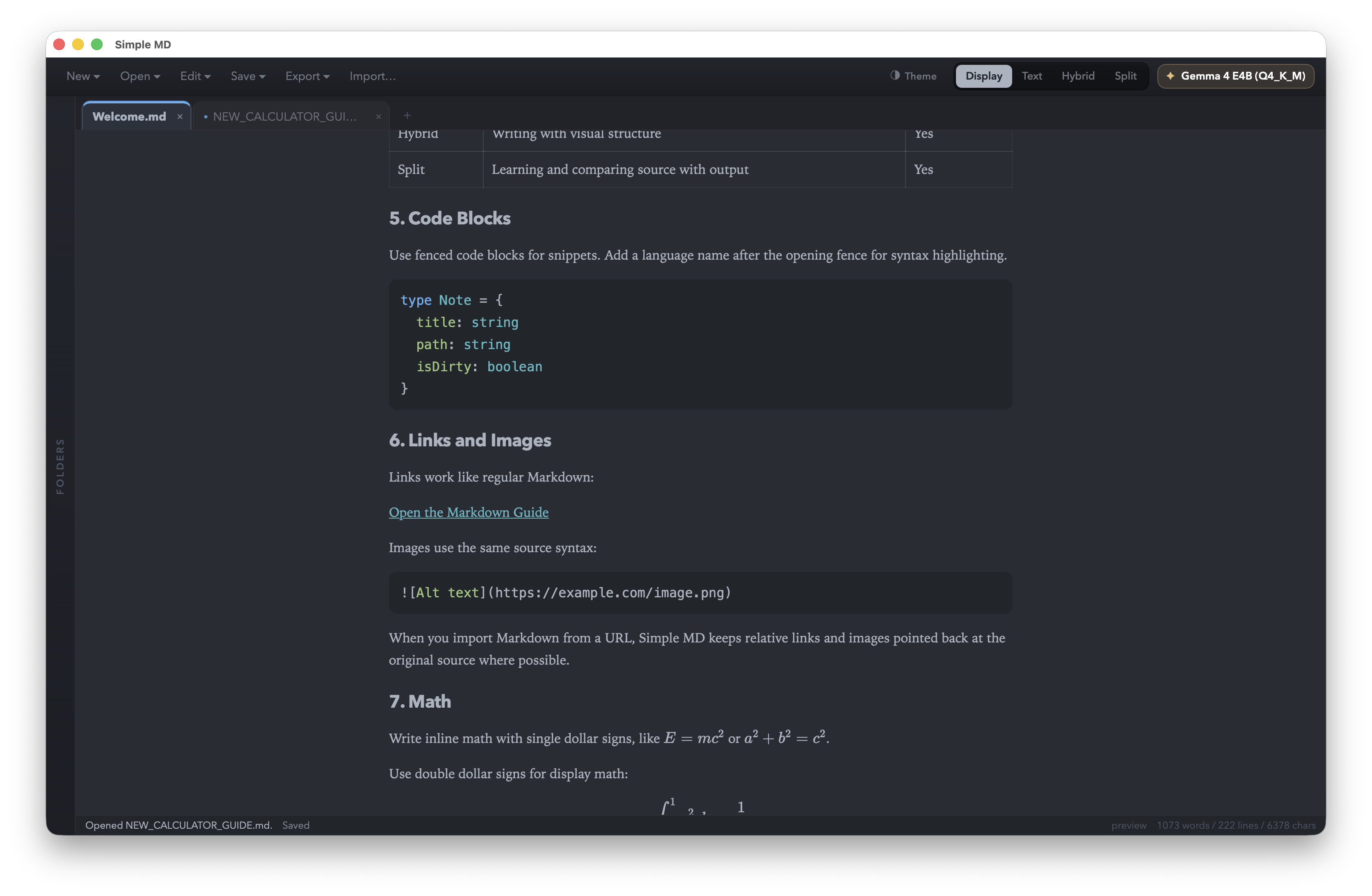Simple MD in dark theme showing a rendered Markdown document with code blocks, links, math, tabs, and the Theme control in the top bar