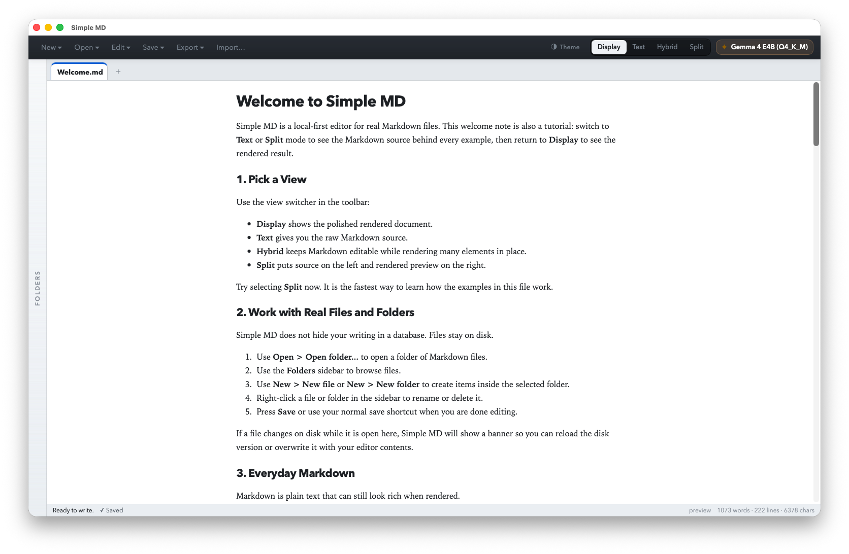Simple MD in its light theme — a cream background with warm dark text rendering a Welcome to Simple MD document in Display mode